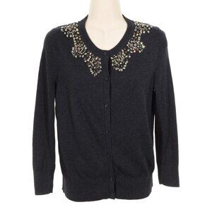 Loft Cardigan Women Small Formal Gray Embossed Beads Stones Jeweled Long Sleeve